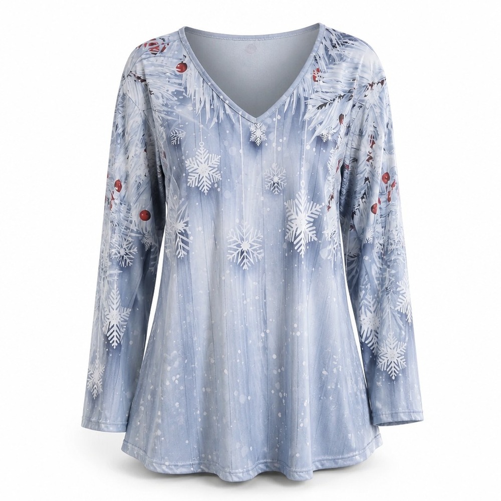 Winter Snowflake Holly Berry V-Neck Long Sleeve Tunic Top Blue White Plus 4XL